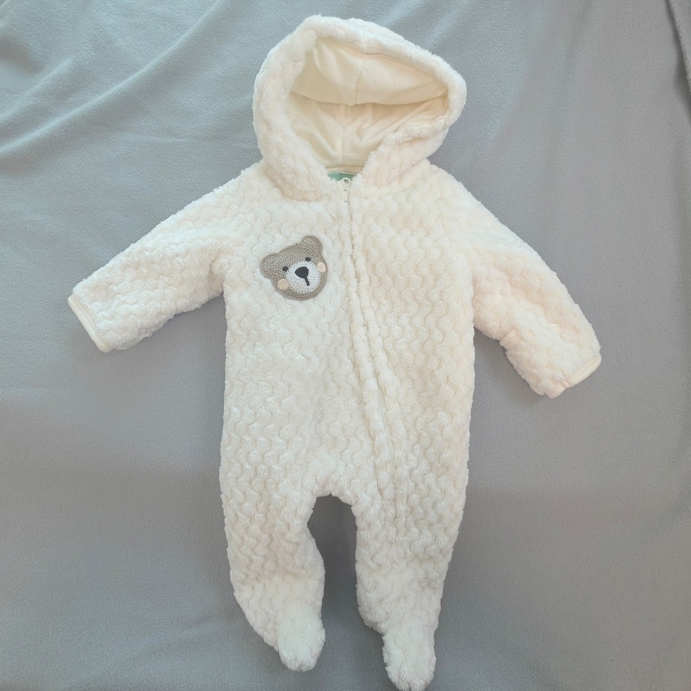 Weather Club Pram Suit Baby 0/3M White Excellent Bear Hooded Fleece Bunting